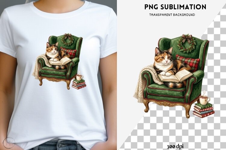 Christmas bookish cat png design for T-shirts example image 1