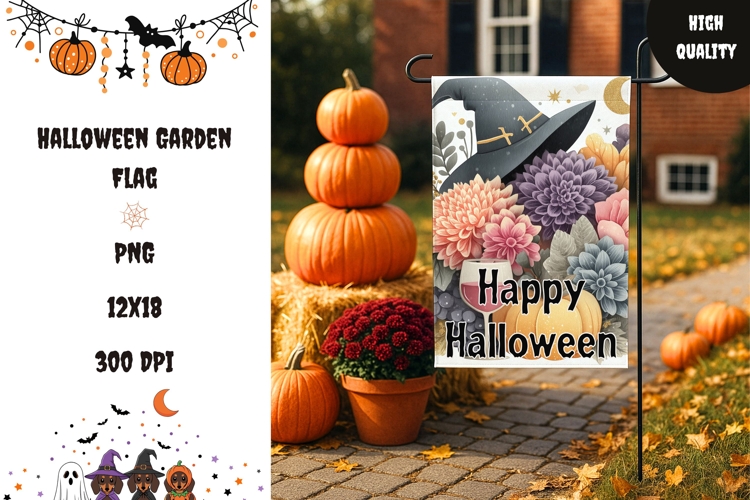 Floral Halloween Pumpkin Garden Flag, Happy Halloween Flag