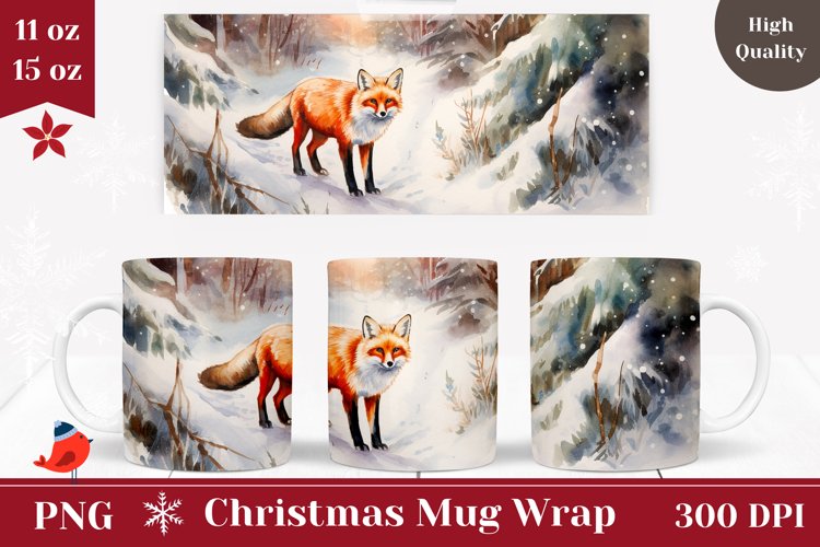 Winter Fox Mug Wrap Design, Christmas Coffee Cup Design