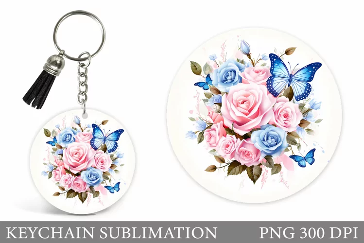 Butterfly Keychain Design. Flowers Keychain Sublimation