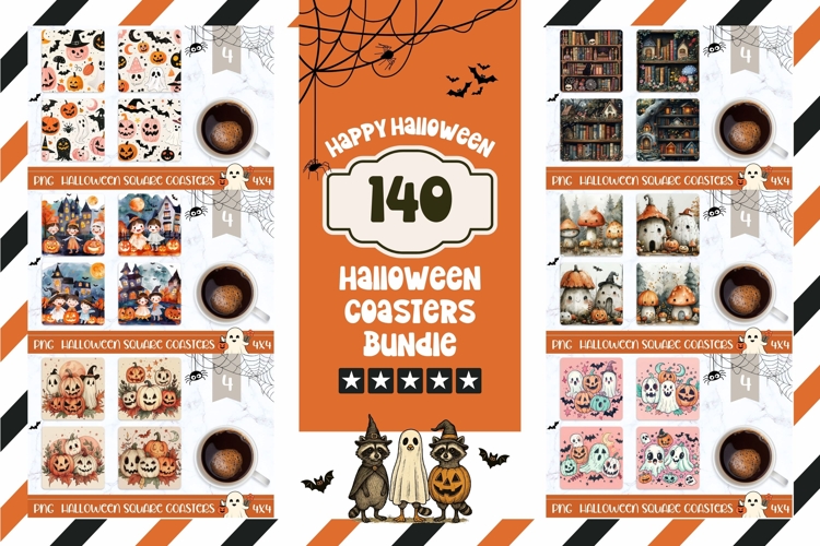 Halloween Square Coasters Bundle, Cartoon Halloween Bundle