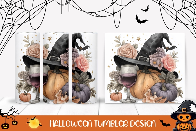 Floral Halloween Hat Tumbler, Floral Pumpkins Tumbler Design
