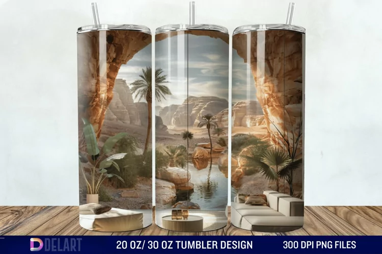 3D Tranquil Desert Oasis Stained Glass Tumbler Wrap