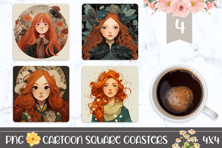 Cartoon Girl Square Coasters, Red Hair Girl PNG