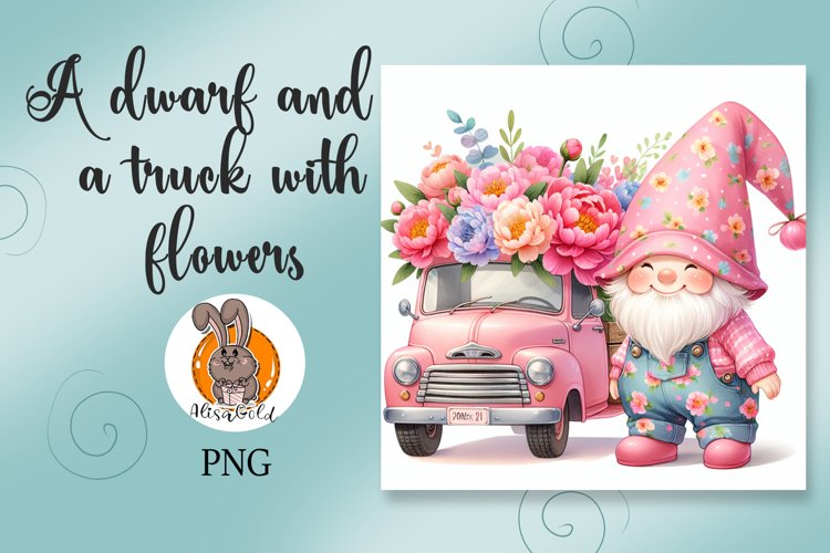 A dwarf and a truck with flowers