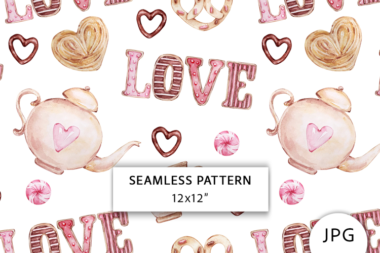 Love Tea Time Seamless Pattern, Valentines Digital Paper