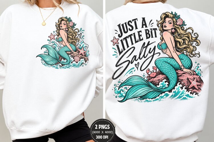 Salty Mermaid Front Back Shirt Design, Mermaid Chest Back Oc example image 1