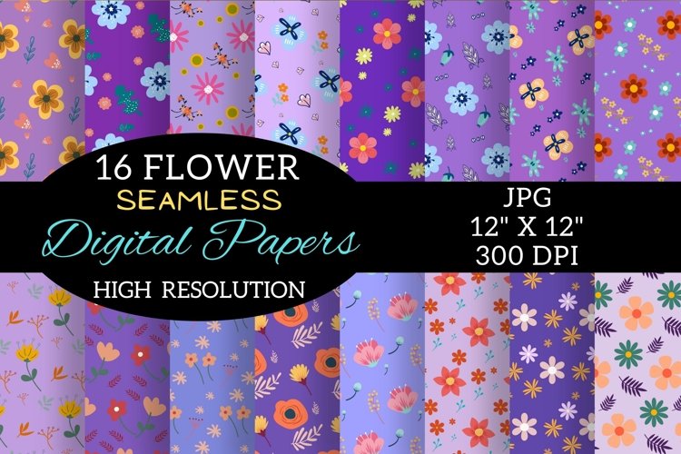 Violet Flower Digital Paper Patterns, Flower Digital Paper example image 1
