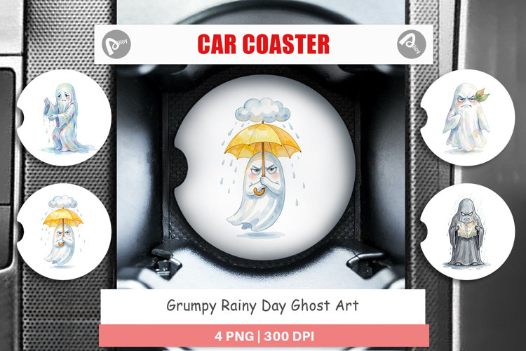 Grumpy Rainy Day Ghost Art Car Coaster