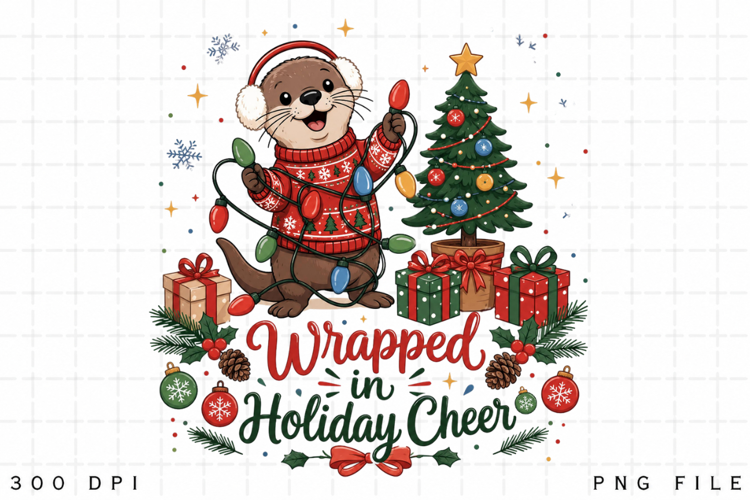 Wrapped In Holiday Cheer PNG, Cute Otter Christmas PNG