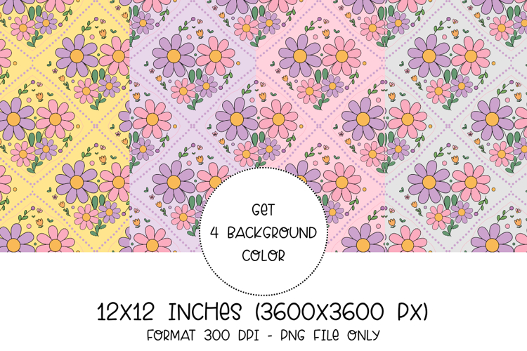 Retro Flower Seamless Pattern, Groovy Floral Pastel Design