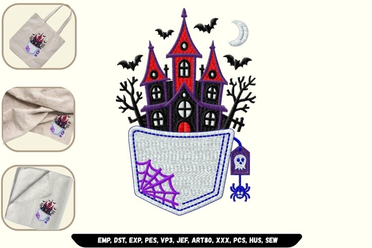 Spooky Haunted House Faux Pocket Machine Embroidery Design example image 1