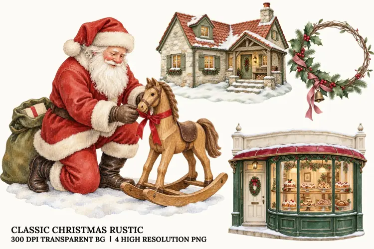 Classic Christmas PNG, Santa Rocking Horse Rustic Winter Art