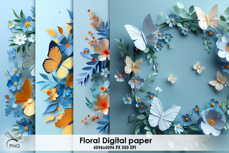 Wreath of paper flowers digital paper, background clipart