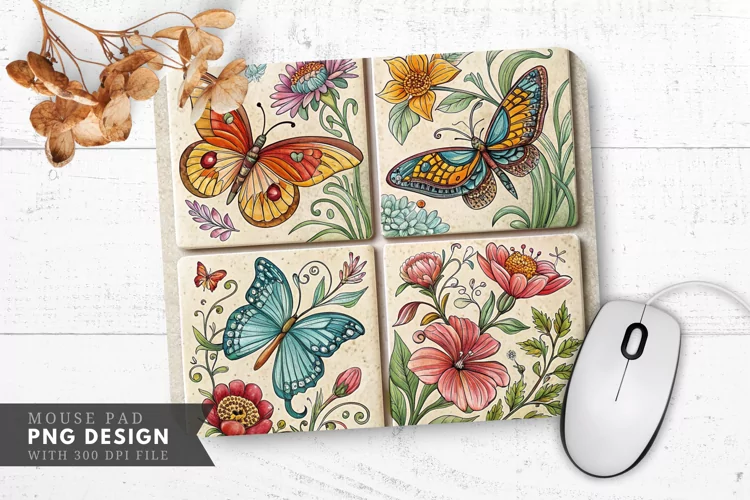 Butterfly And Floral Tile Design Mouse Pad PNG Design