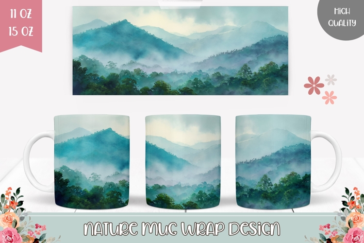 Watercolor Landscape Mug Design, Forest Mug Wrap
