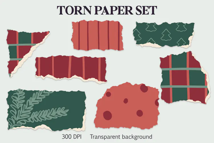 Christmas Plaid and Tree Torn Paper ripped paper