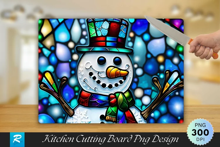 Stained Glass Snow Man Cutting Board Sublimation Design