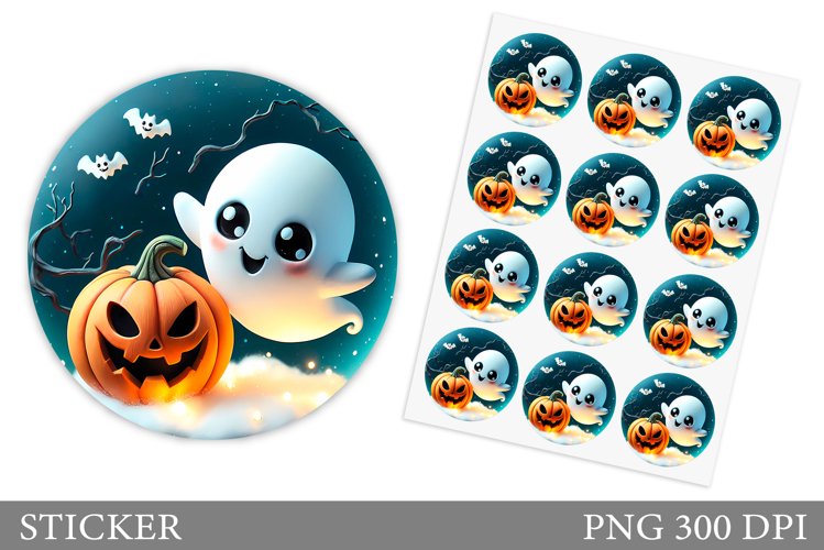 Cute Ghost Sticker Template. Cute Halloween Sticker Design example image 1