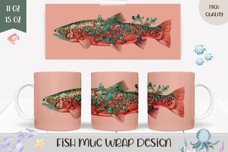 Fish Mug Wrap, Floral Mug Design, Pink Mug Template