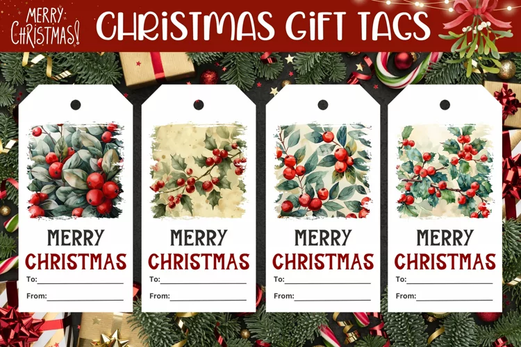 Watercolor FLowers Gift Tags, Christmas Berries Gift Tag PNG