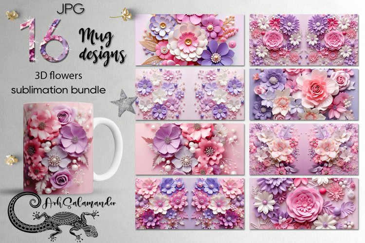 3 D papercut pink flowers | 16 Sublimation Mug designs, JPG example image 1