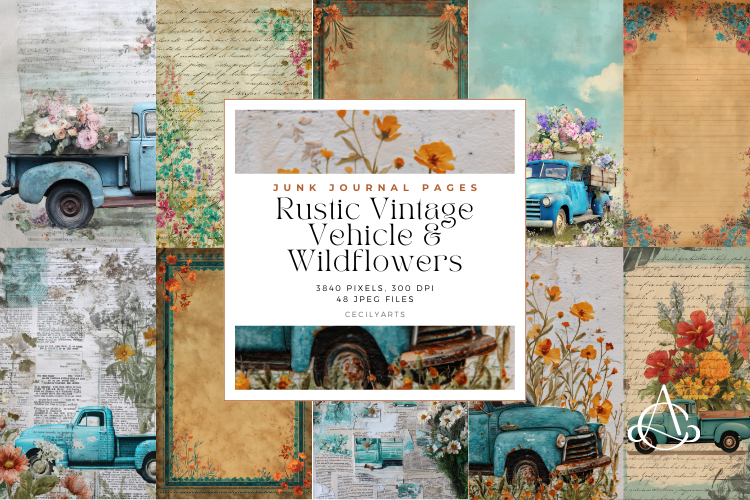 Rustic Vintage Vehicle & Wildflowers Junk Journal Page