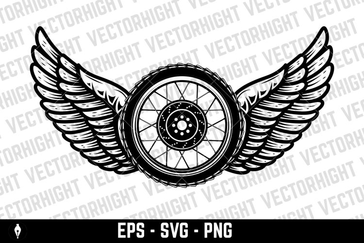 Black and white winged wheel illustration isolated on white