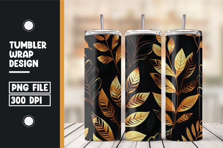 Golden and black 3d leaves tumbler wrap