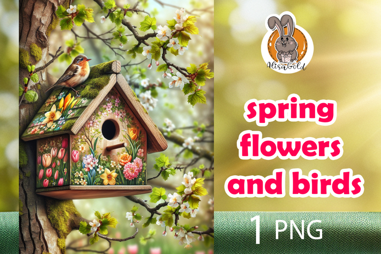 spring flowers, bird, birdhouse