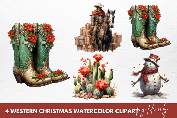 Western Christmas Watercolor Clipart Sublimation
