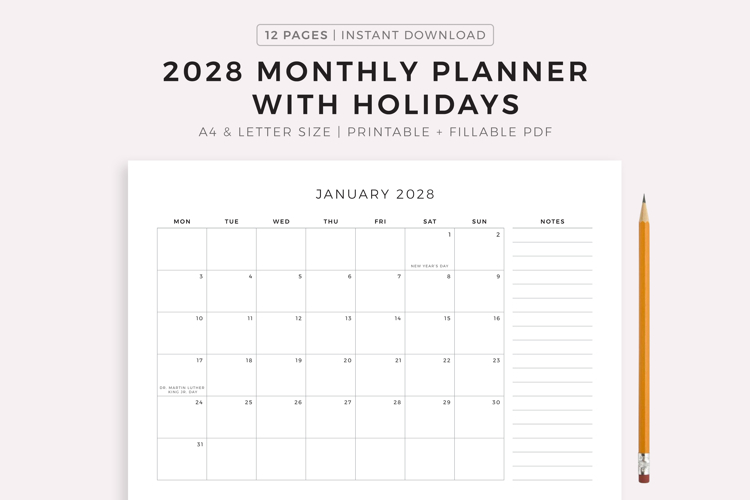 2028 Monthly Planner with Holidays, Landscape, Printable