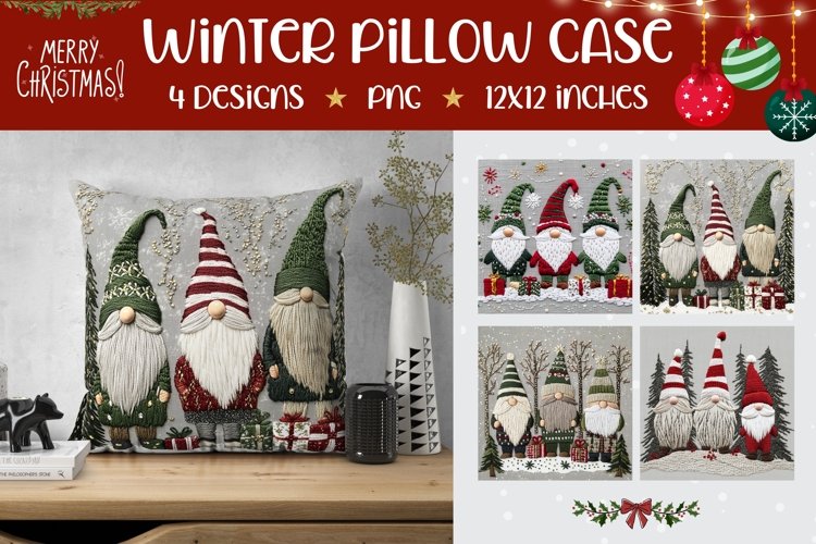 Embroidery Christmas Gnome Pillowcase, Knitted Gnomes PNG