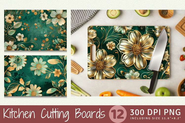 Emerald Gold Flowers Cutting Boards sublimation Design