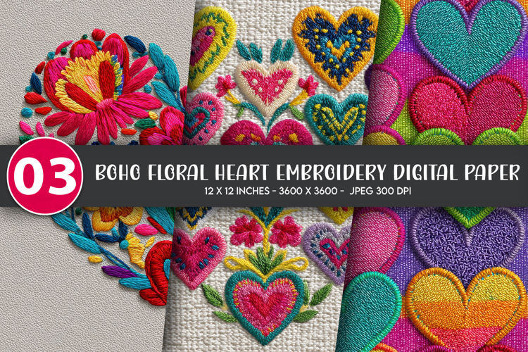 Boho Floral Heart Embroidery Digital Paper