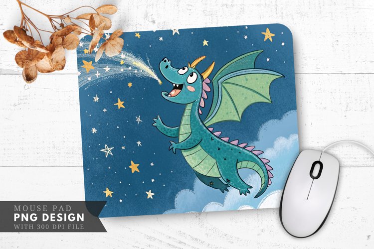 Starry Night Mischief Playful Dragon Mouse Pad PNG Design
