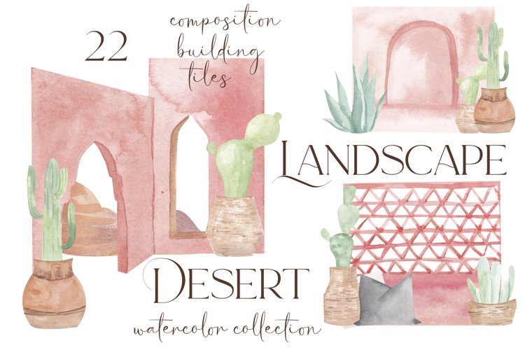 Watercolor desert landscape, Morocco landmark, old town