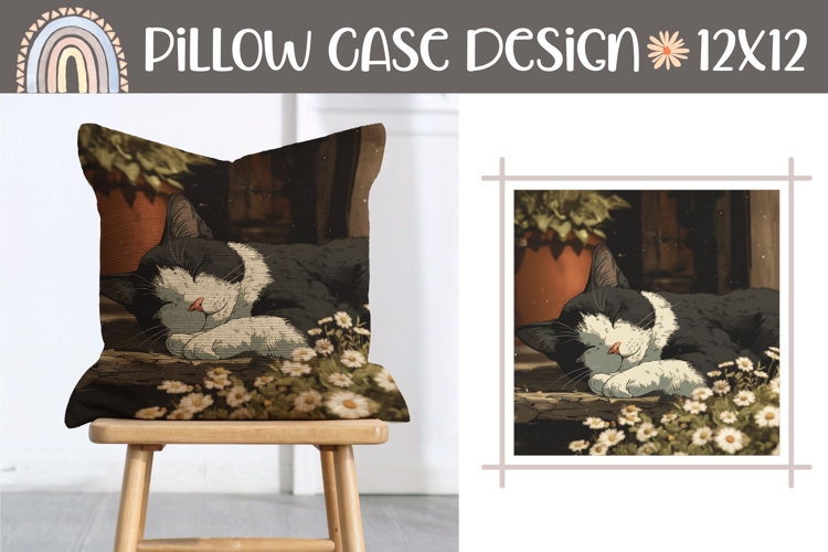 Cartoon Cat Pillow Design, Flowers Pillow Sublimation
