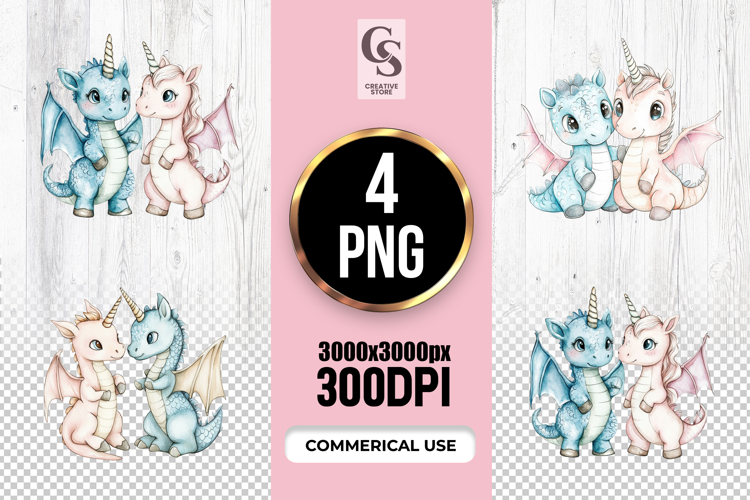 Cute Unicorn Dragon Couple Clipart Sublimation PNG