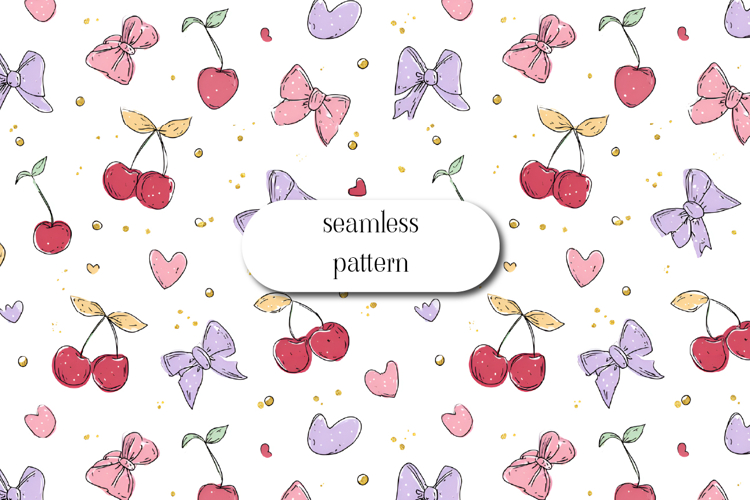 Cute cherry bows hearts seamless pastel pattern design