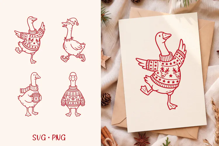 Ugly Sweater Goose SVG, Christmas Elf Hot Cocoa Goose PNG