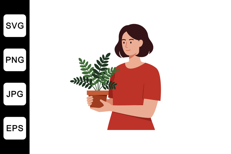Woman holding potted plant in minimal flat design vector ill