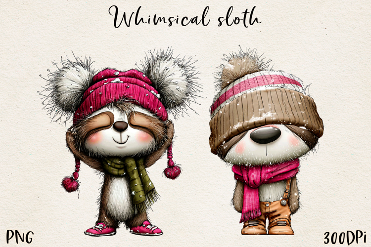 Whimsical Winter Sloths | Cute Cozy Sloth Clipart PNG