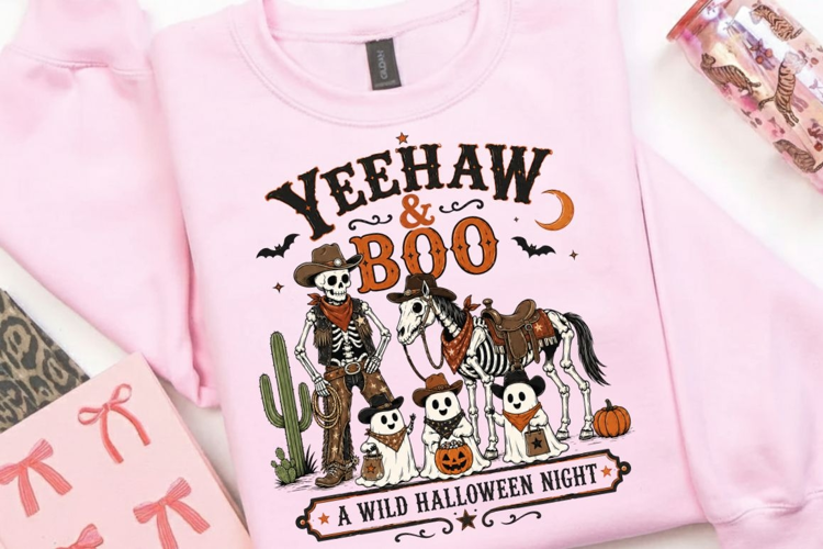 Yeehaw And Boo PNG Sublimation Design - Western Skeleton Cow