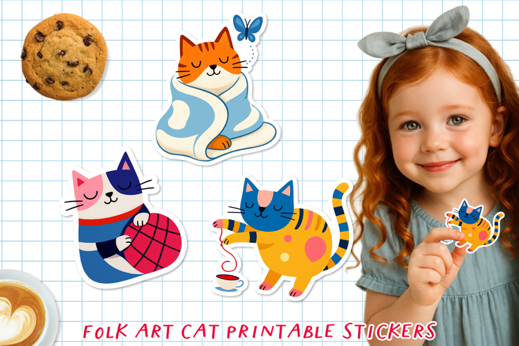 Cute & Funny Folk Art Cat Printable Stickers, PNG