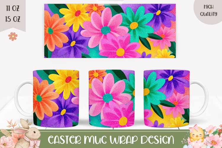 Colorful Flowers Mug Wrap Design, Spring Mug Sublimation