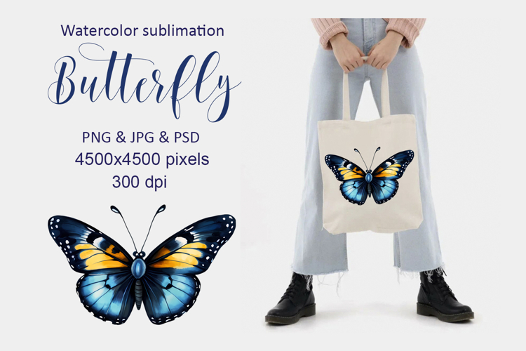 Butterfly Blue Yellow Insect Watercolor Sublimation