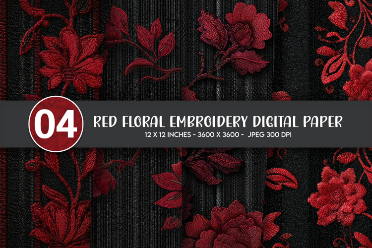 Red Floral Embroidery Digital Paper