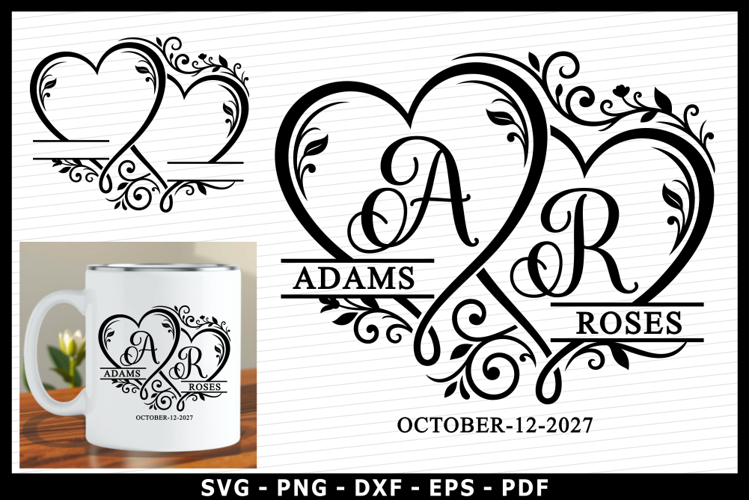 Wedding couple Ornate Heart Split Monogram SVG, Name Sign