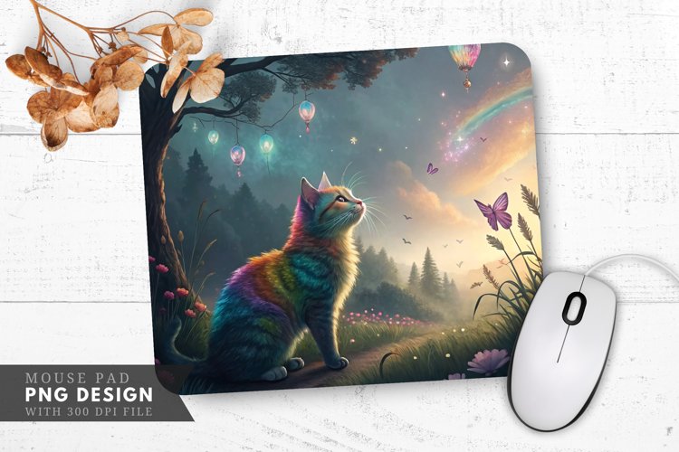 Whimsical Rainbow Cat in Colorful Mist Mouse Pad PNG Design